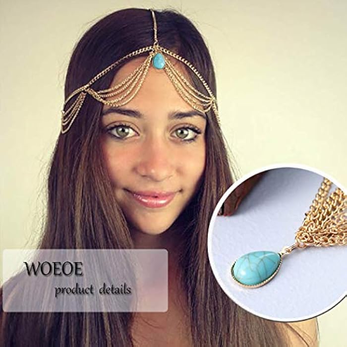 Woeoe Vintage Gold Head Chain Turquoise Forehead Headbands Sequins Festival Headpiece Jewelry for Women and Girls (gold5) - Image 3